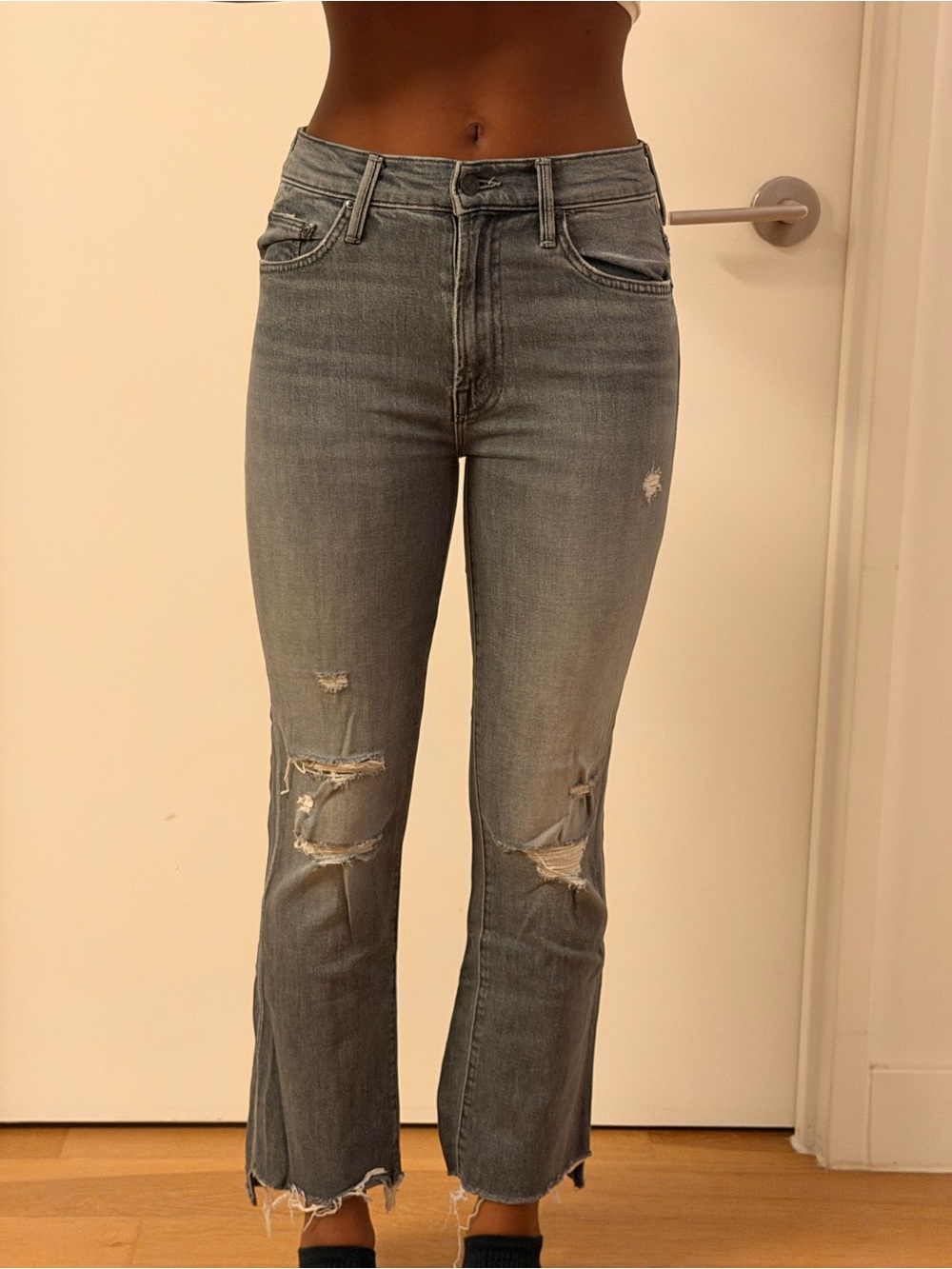 MOTHER Gray Distressed High-Rise Flare Jeans